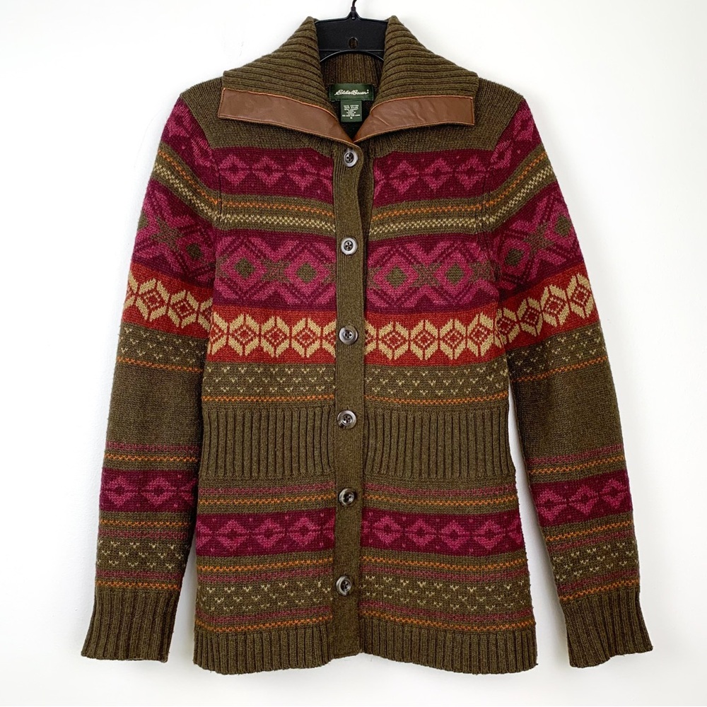 Eddie Bauer Olive Green, Burgundy & Rust Fair Isle Cardigan Sweater